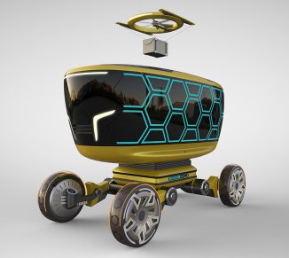 Futuristic Buzzy Bot Robotic Delivery Vehicle with a Drone