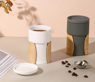 Wonder Nest Ceramic Coffee Mug Features Insulated Bamboo Sleeve
